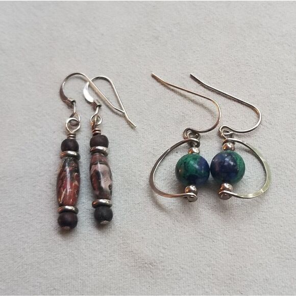 Bundle Two Pairs Artisan Handmade Natural Gemstone Beaded Drop Earrings Silver - Picture 1 of 5